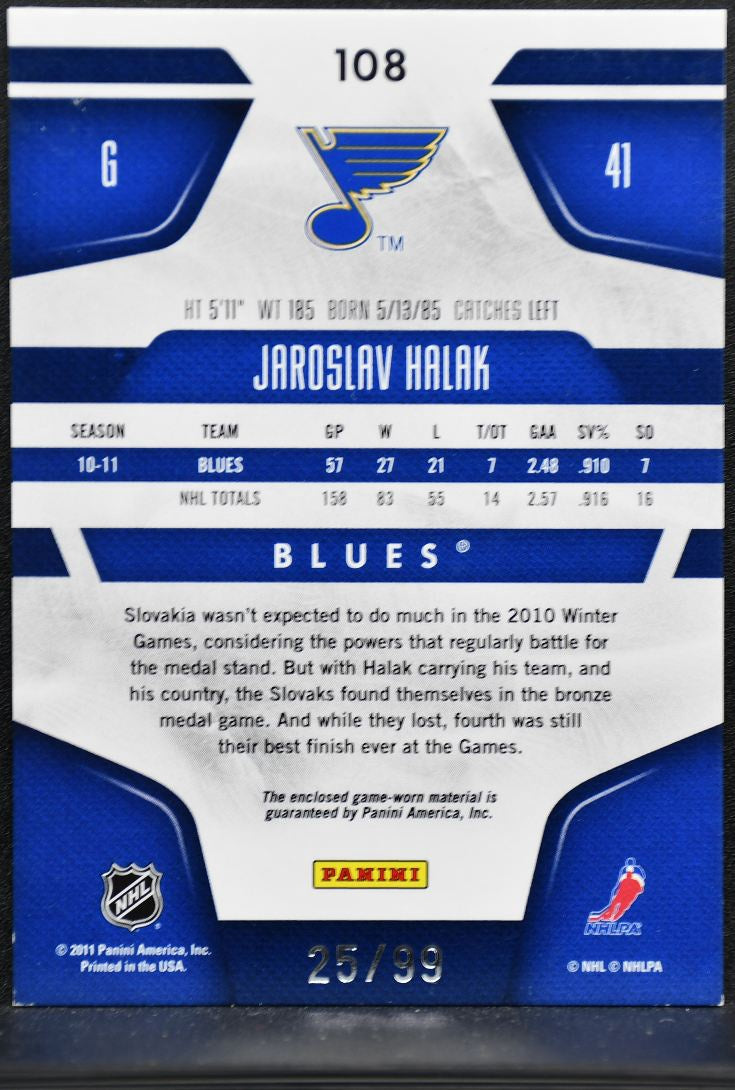 2011-12 Panini Certified Mirror Blue Jaroslav Halak 108 Blues /99 Jersey 8212