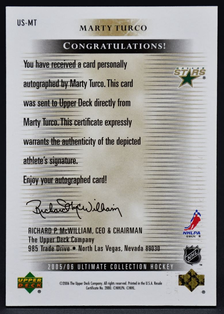 2006-07 UD Ultimate Collection Ultimate Signatures Marty Turco US-MT Auto #2