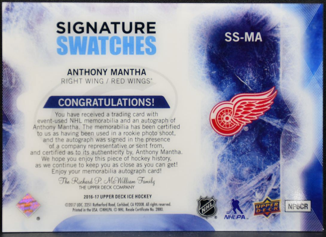2016-17 Upper Deck Ice Signature Swatches Anthony Mantha Red Wings Auto 3819