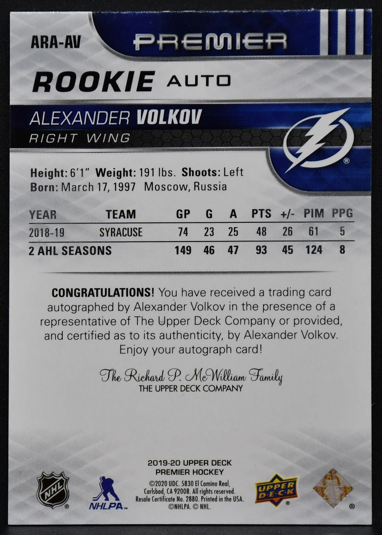 2019-20 UD Premier Acetate Volkov ARA-AV Lightning RC Auto 124/149 9666
