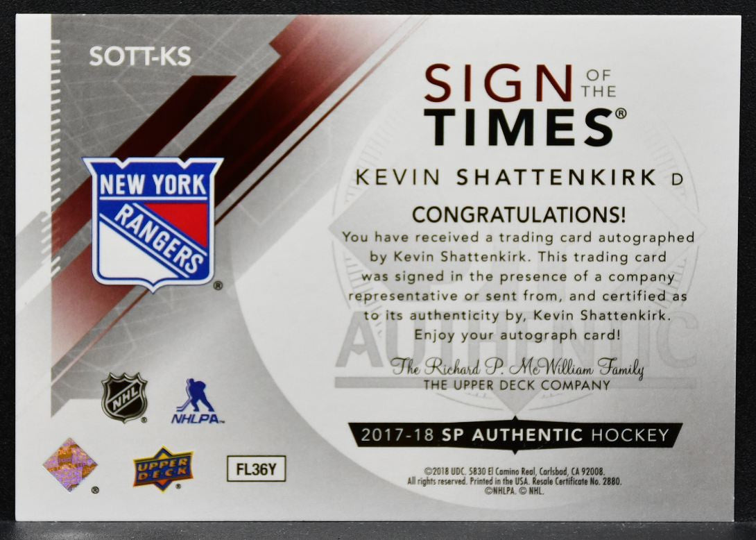 2017-18 SP Authentic Sign of the Times Autographs Kevin Shattenkirk Auto 0192