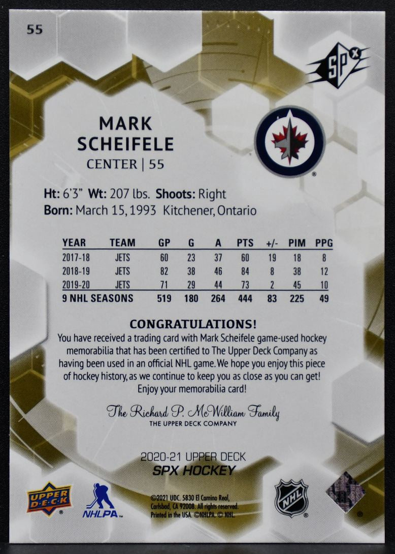 2020-21 SPx Jersey Mark Scheifele 55 Winnipeg Jets Jersey 8685