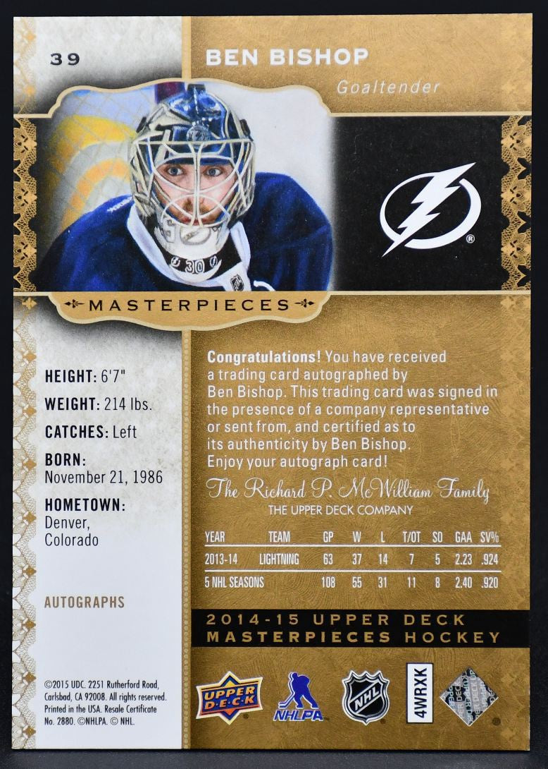 2014-15 UD Masterpieces Signature Ben Bishop 39 Auto