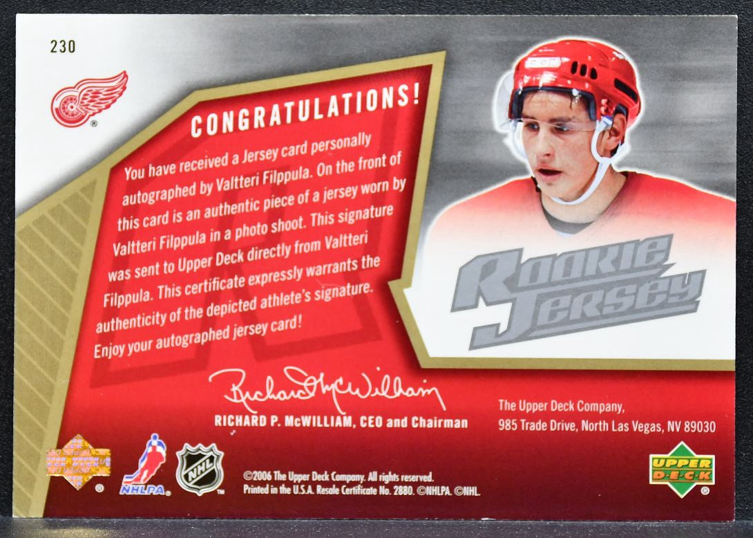 2005-06 SPx Rookie Jersey Auto Valtteri Filppula RC Auto 0525/1999 Jersey 0260