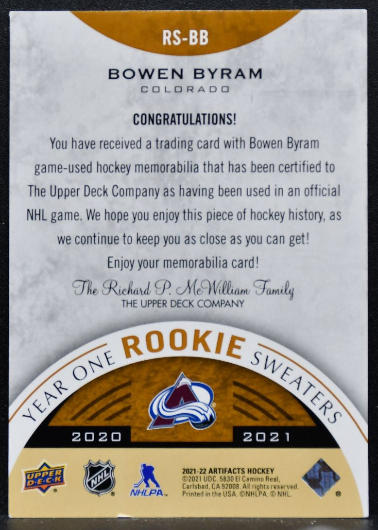 2021-22 UD Artifacts Year One Rookie Sweaters Bowen Byram Avalanche Jersey 4156