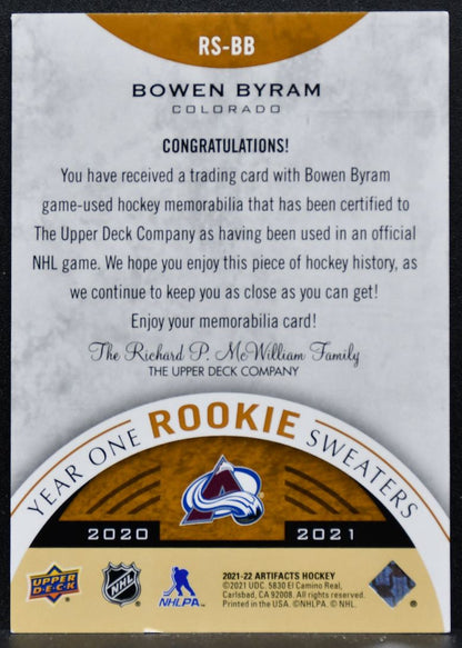2021-22 UD Artifacts Year One Rookie Sweaters Bowen Byram Avalanche Jersey 4156