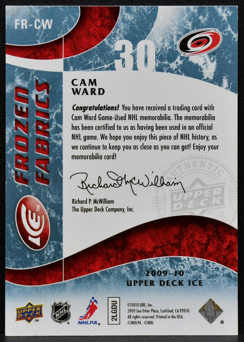 2009-10 Upper Deck Ice Frozen Fabrics Cam Ward FR-CW Hurricanes Jersey 3619