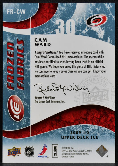 2009-10 Upper Deck Ice Frozen Fabrics Cam Ward FR-CW Hurricanes Jersey 3619