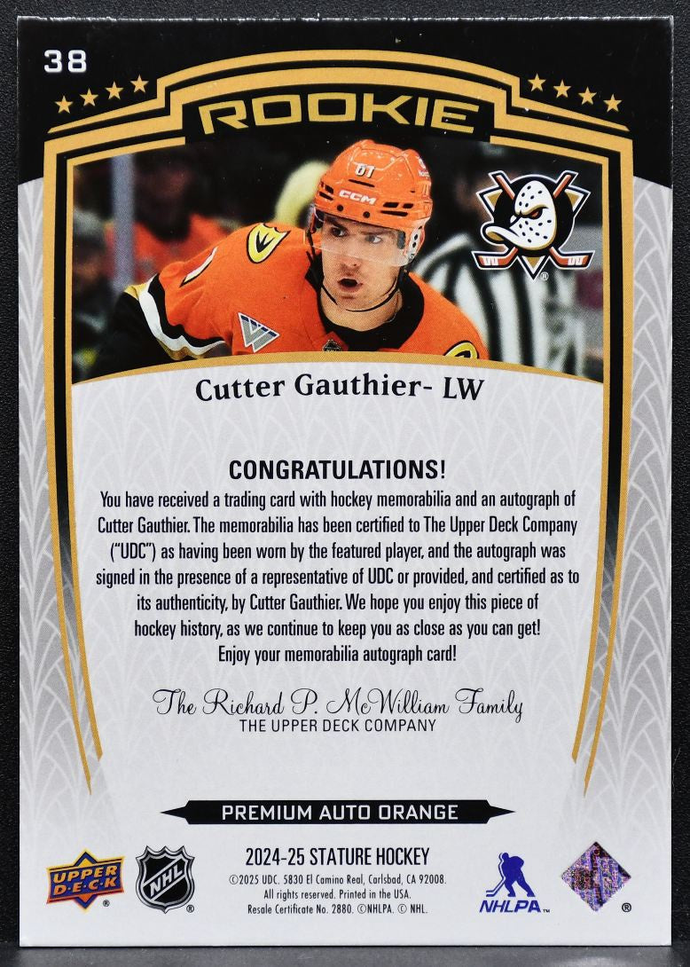 2024-25 UD Stature Rookie Premium Auto Orange Gauthier RC Auto 07/15 Patch 5951