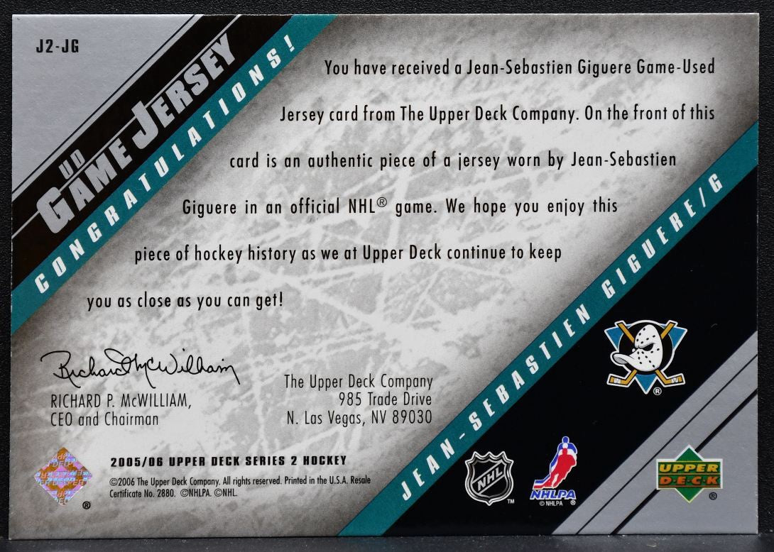2005-06 UD Series 2 UD Game Jean-Sebastien Giguere Mighty Ducks Jersey 5005