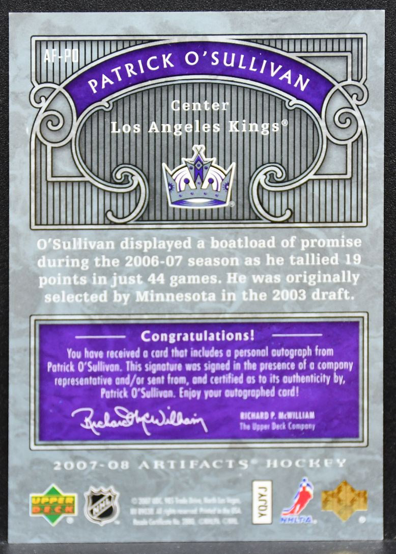 2007-08 Upper Deck Artifacts Auto-Facts Patrick O'Sullivan AF-PO Kings Auto 6443