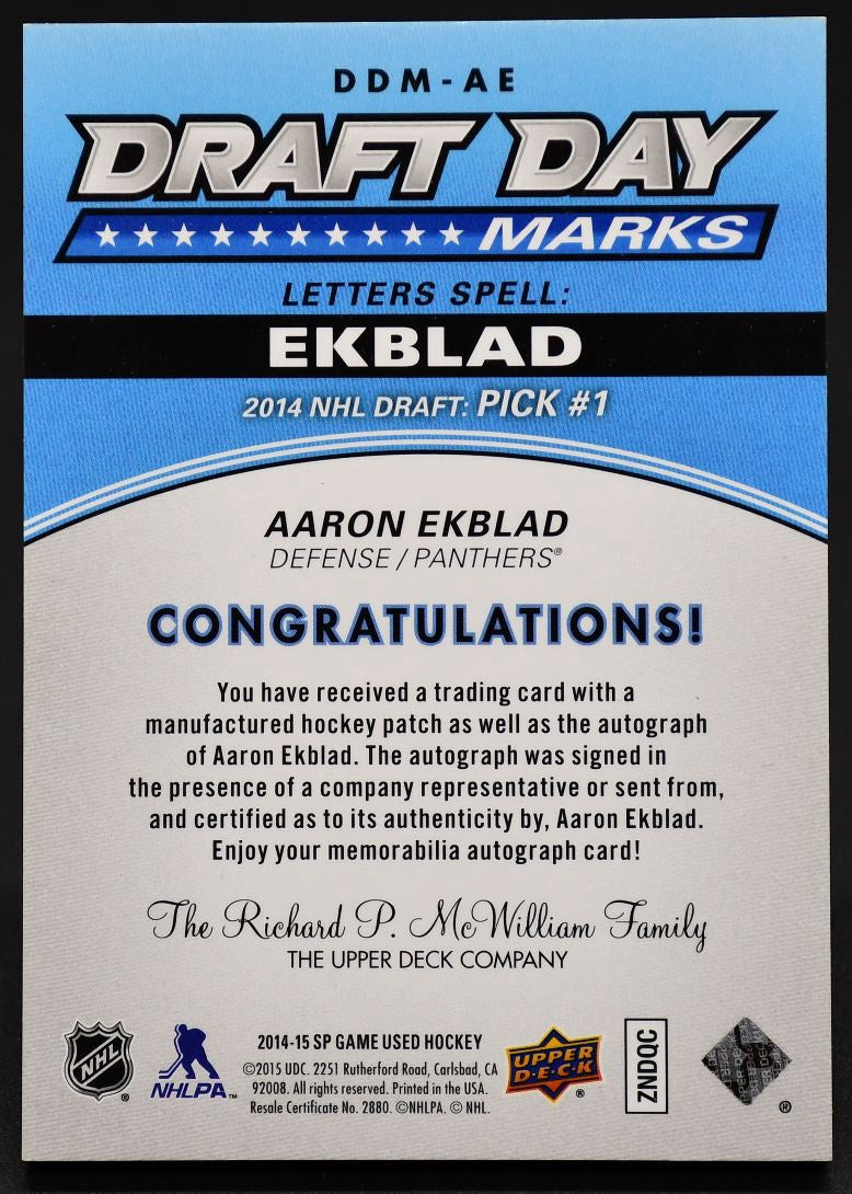 2014-15 SP Game Used Draft Day Marks Aaron Ekblad DDM-AE RC Auto 13/35 Jersey