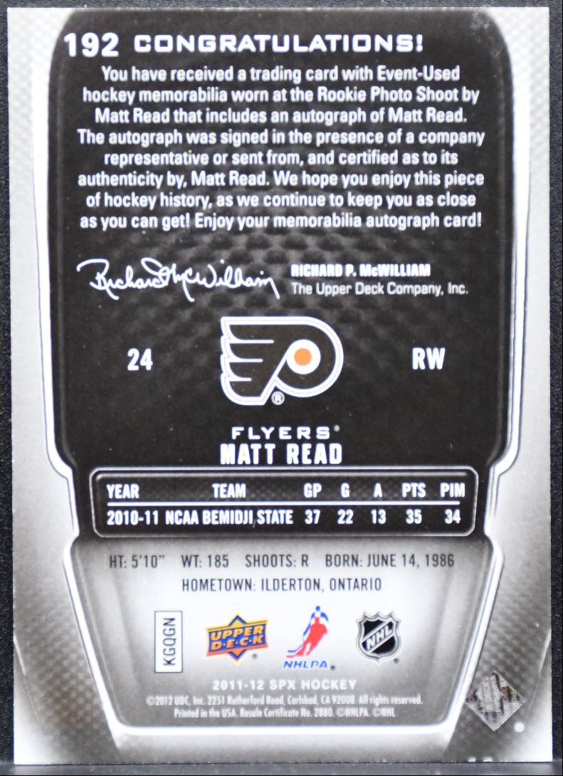 2011-12 SPx Rookie Jersey Auto Matt Read 192 Flyers RC Auto 317/799 Jersey 9809