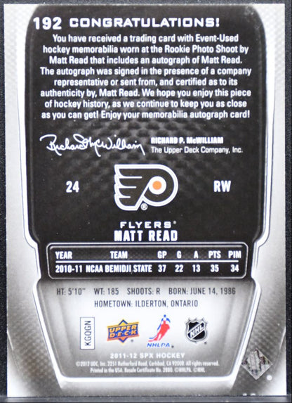 2011-12 SPx Rookie Jersey Auto Matt Read 192 Flyers RC Auto 317/799 Jersey 9809