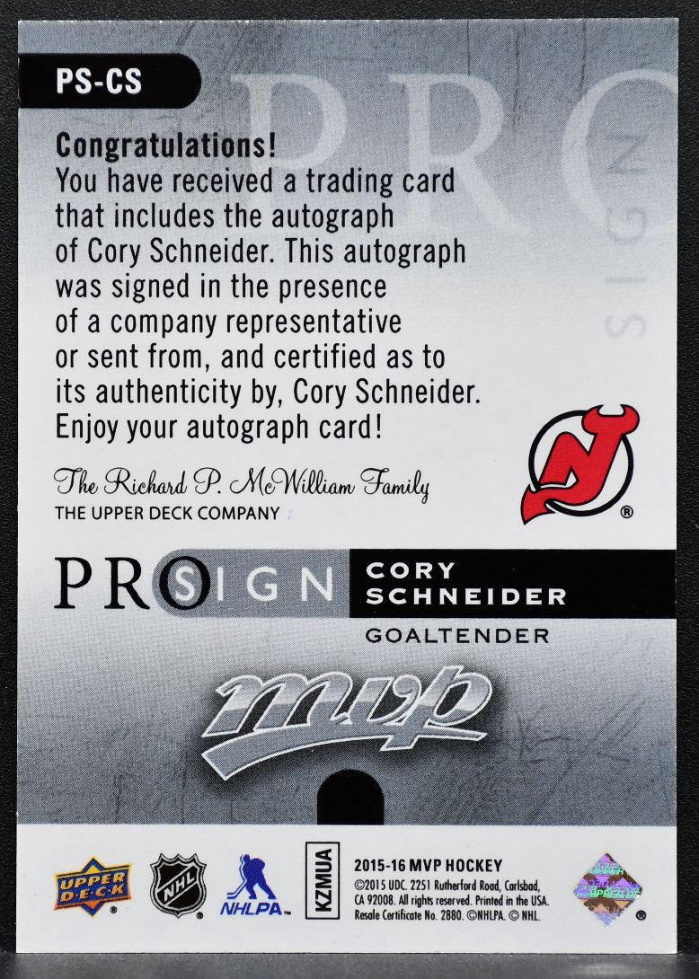 2015-16 Upper Deck MVP Prosign Cory Schneider PS-CS New Jersey Devils Auto 0743