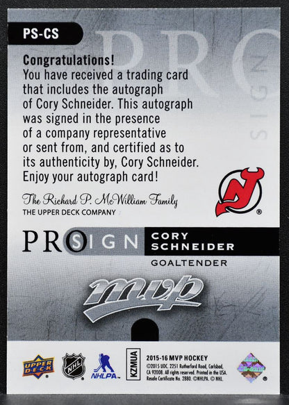 2015-16 Upper Deck MVP Prosign Cory Schneider PS-CS New Jersey Devils Auto 0743