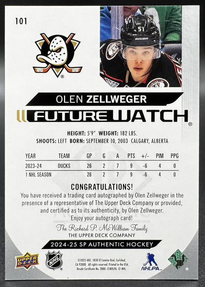 2024-25 UD SP Authentic Olen Zellweger 101 Anaheim Ducks RC AUTO 559/999