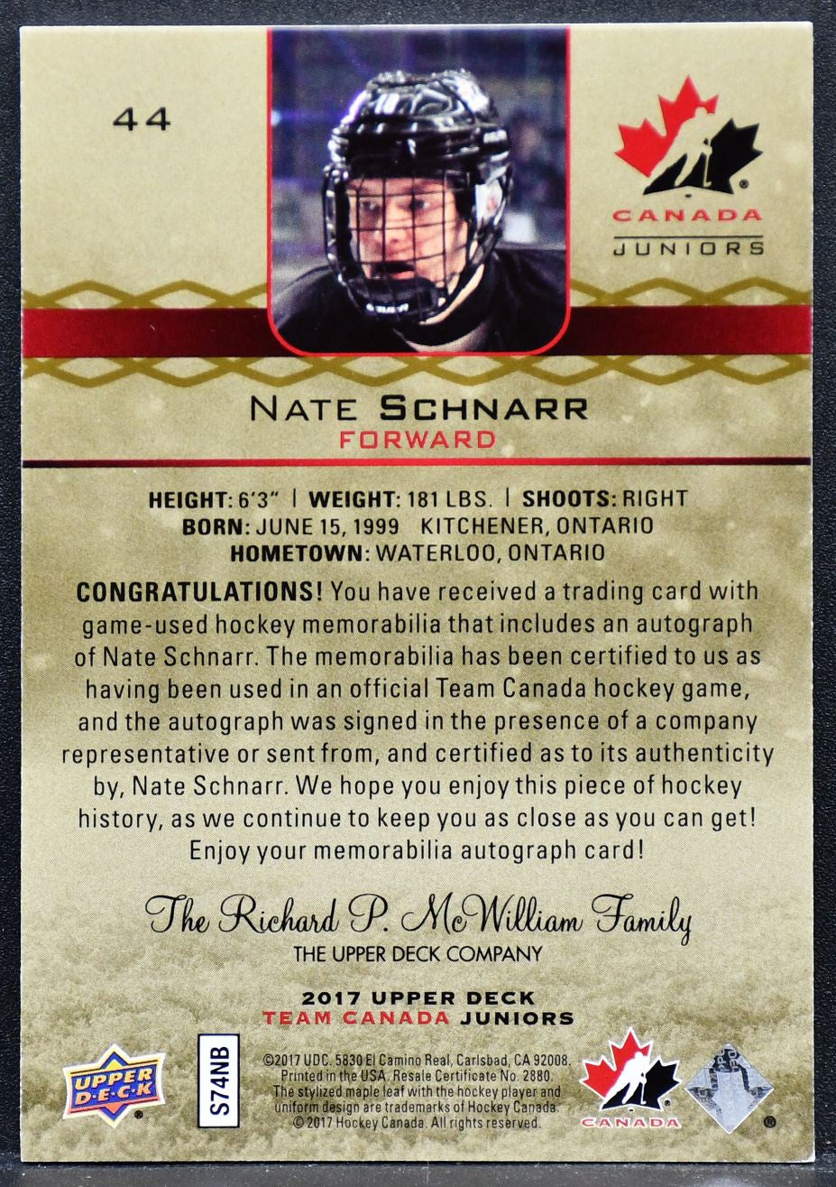 2017-18 UD Juniors Premium Materials Autographs Nate Schnarr 44 Team Canada /199