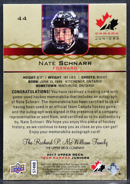 2017-18 UD Juniors Premium Materials Autographs Nate Schnarr 44 Team Canada /199