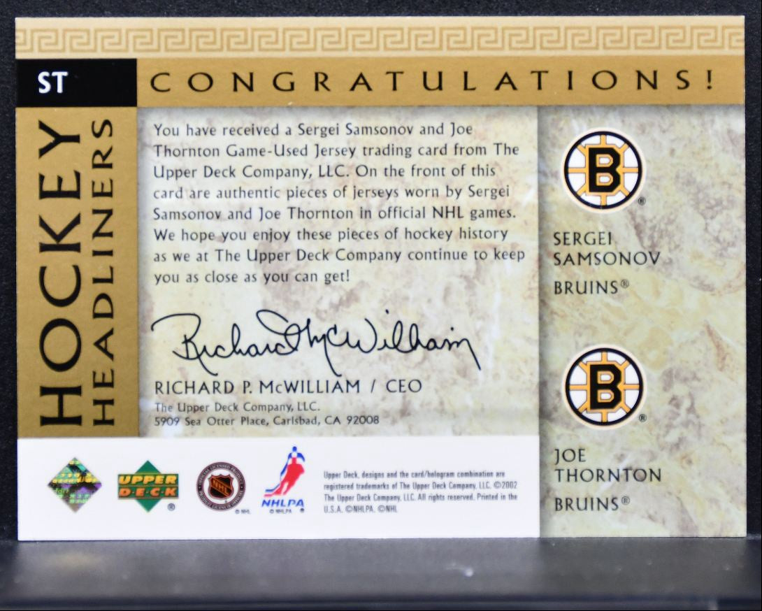 2002-03 UD Classic Portraits Headliners Samsonov/Thornton Bruins Jersey 4312