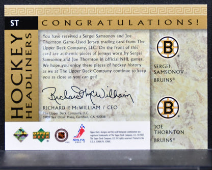 2002-03 UD Classic Portraits Headliners Samsonov/Thornton Bruins Jersey 4312