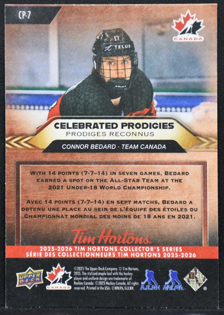 2025-26 UD Tim Hortons Celebrated Prodigies Connor Bedard CP-7 Team Canada Auto 7048