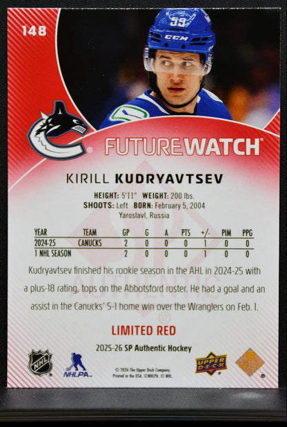 2025-26 SP Authentic Future Watch Limited Red Kirill Kudryavtsev Canucks RC 8549