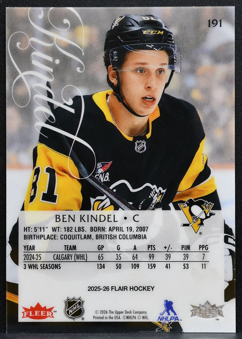 2025-26 Flair Rookie Ben Kindel 191 Pittsburgh Penguins RC 0276