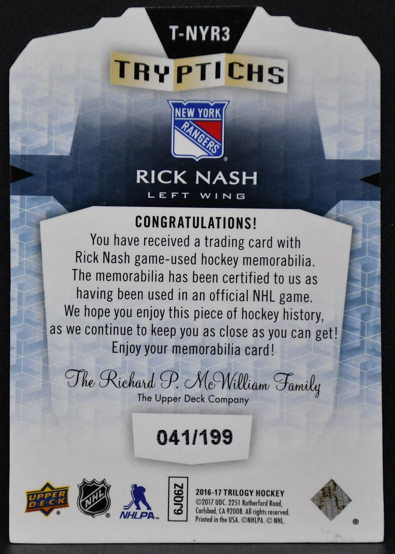 2016-17 UD Trilogy Tryptichs Jerseys Rick Nash T-NYR3 Rangers 041/199 Jersey 2684