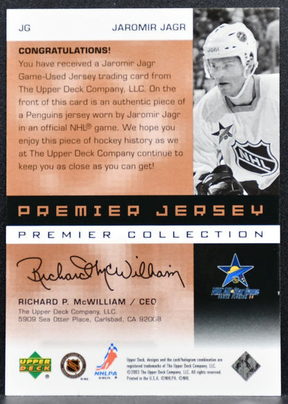 2002-03 UD Premier Collection Jerseys Bronze Jaromir Jagr JG 157/299 Jersey 4842