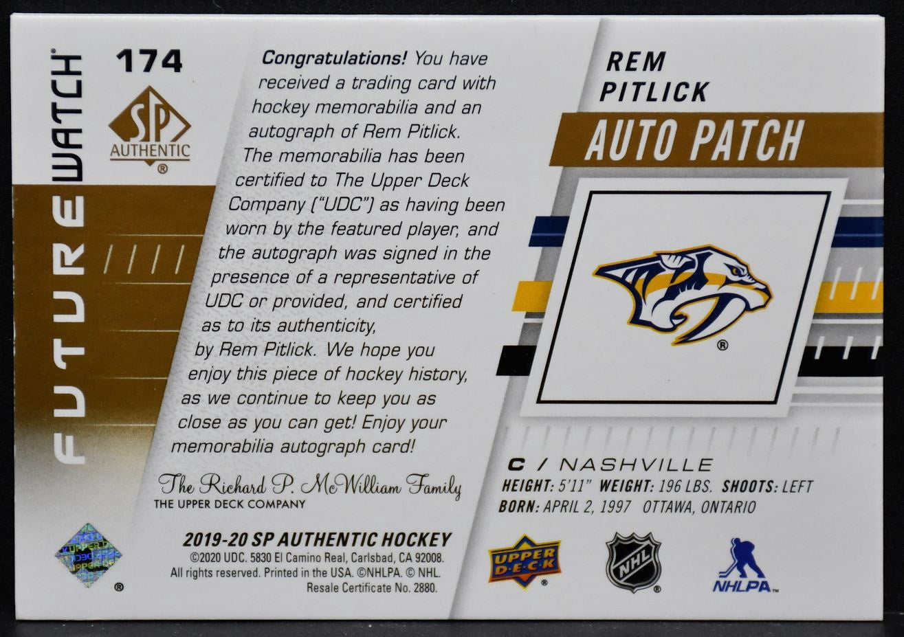 2019-20 SP Authentic Limited Future Watch Auto Patch Horizontal Rem Pitlick /100