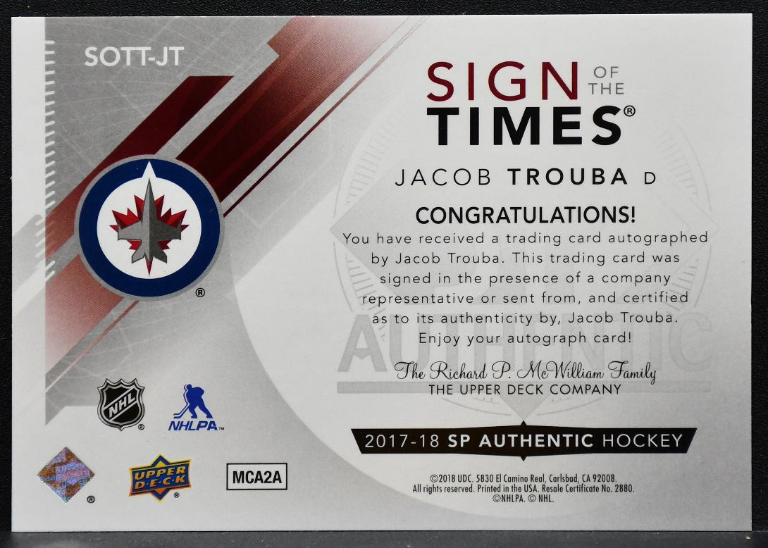 2017-18 SP Authentic Sign of the Times Jacob Trouba Winnipeg Jets Auto 1506