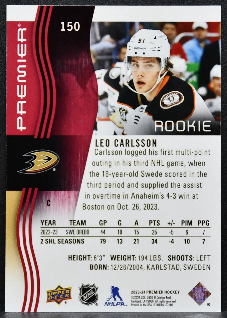2023-24 Upper Deck Premier Rookie Red Leo Carlsson 150 Anaheim Ducks 13/49 3615