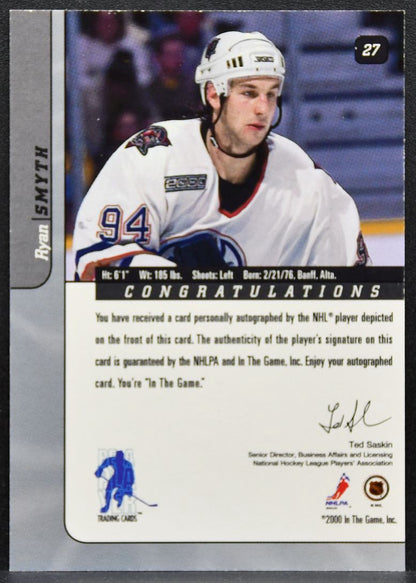 2000-01 Be a Player Signature Series Autographs Ryan Smyth 27 Oilers Auto 2472