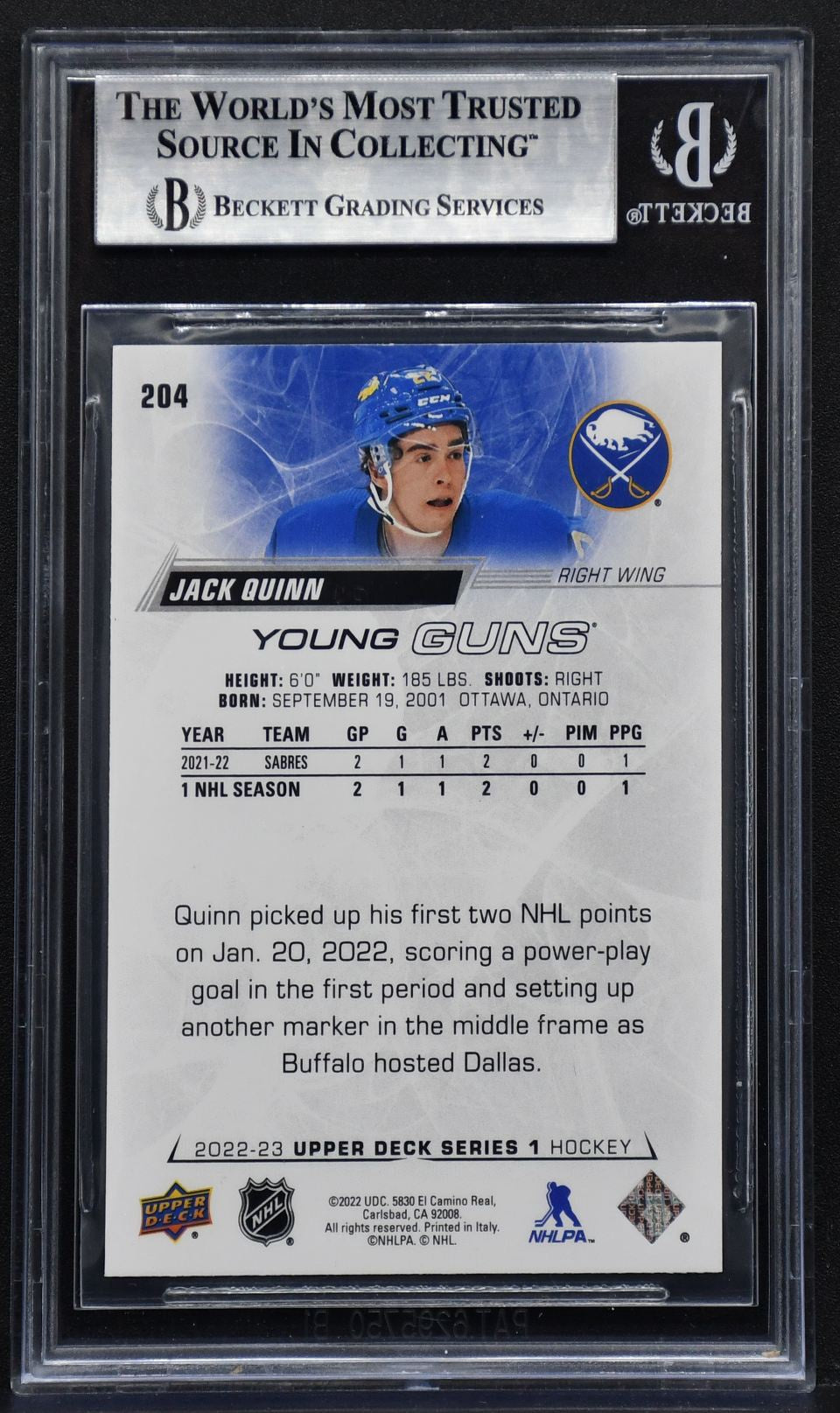 2022-23 UD Series 1 Young Guns Jack Quinn 204 BGS 9 RC