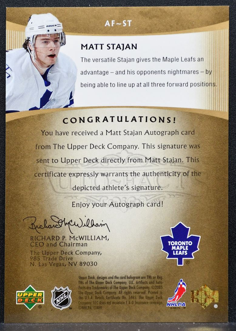2005-06 UD Artifacts Auto-Facts Matt Stajan Maple Leafs Auto 073/100 0330