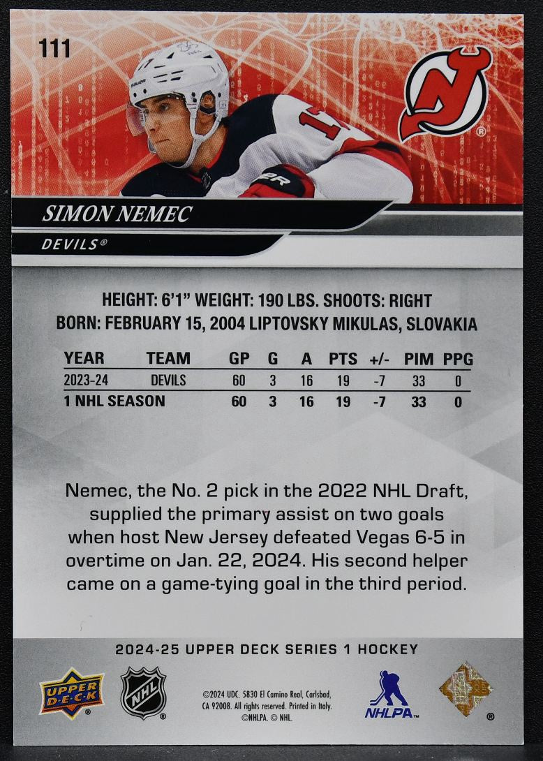 2024-25 UD Series 1 UD Exclusives Simon Nemec 111 New Jersey Devils 050/100 8588