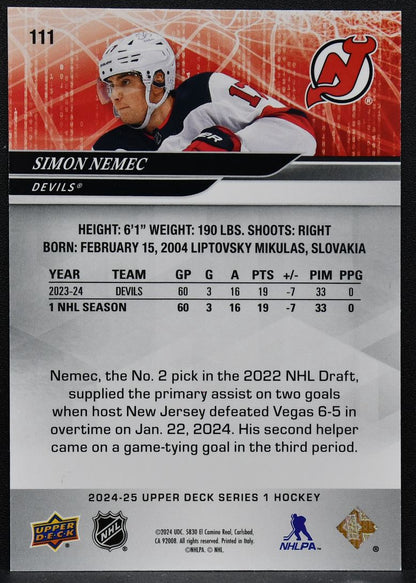 2024-25 UD Series 1 UD Exclusives Simon Nemec 111 New Jersey Devils 050/100 8588
