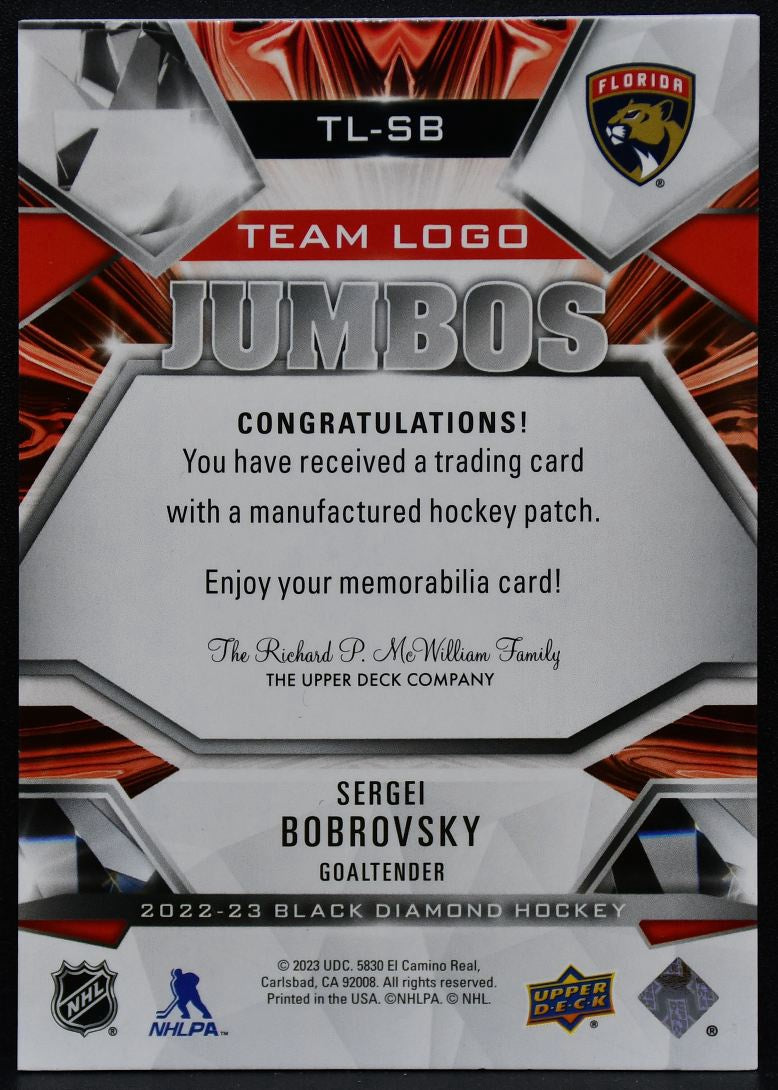 2022-23 UD Black Diamond Team Logo Jumbos Bobrovsky Panthers 09/15 Patch 3008