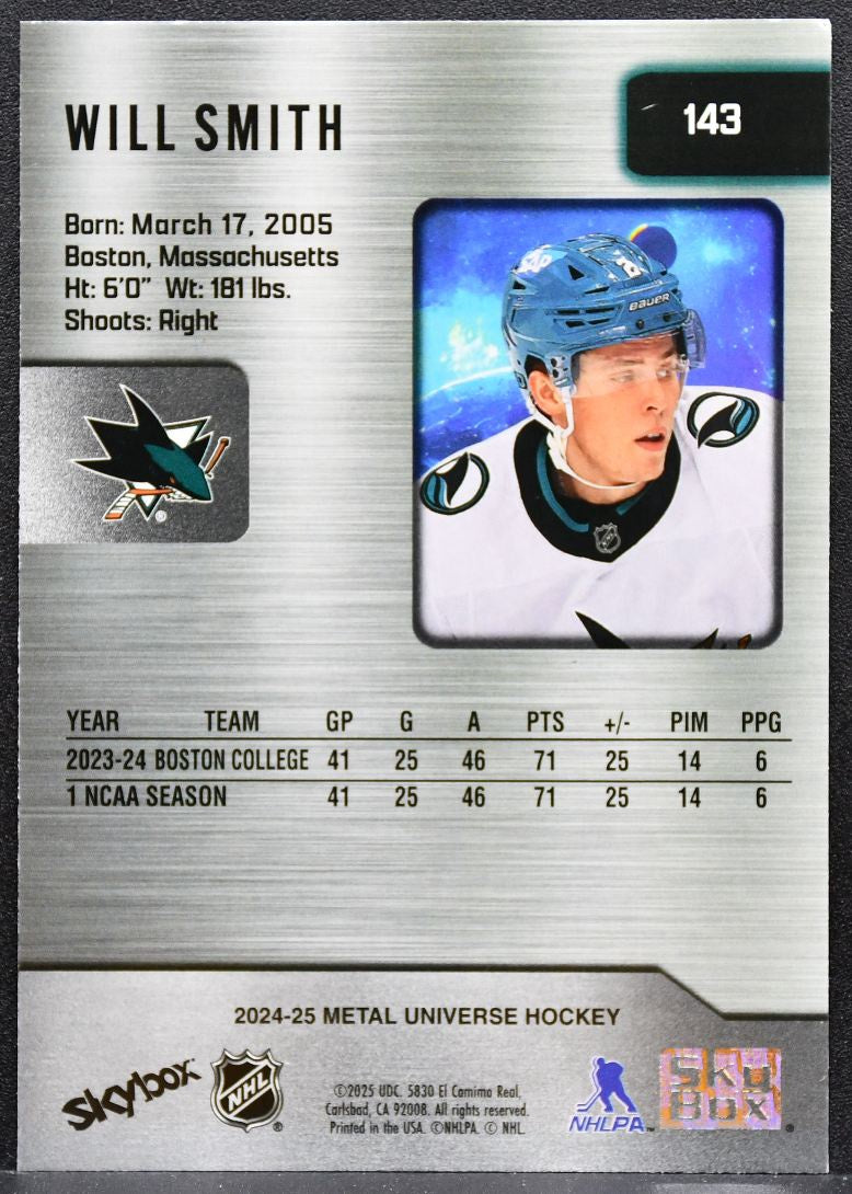 2024-25 SkyBox Metal Universe Rookie Will Smith 143 San Jose Sharks RC 4315