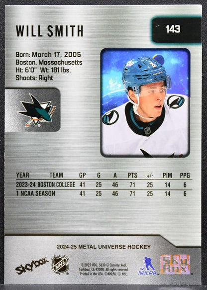 2024-25 SkyBox Metal Universe Rookie Will Smith 143 San Jose Sharks RC 4315