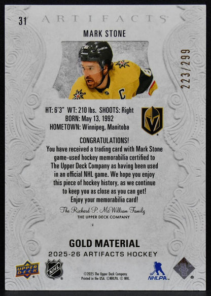 2025-26 UD Artifacts Gold Material Stone 31 Golden Knights 223/299 Jersey 3107