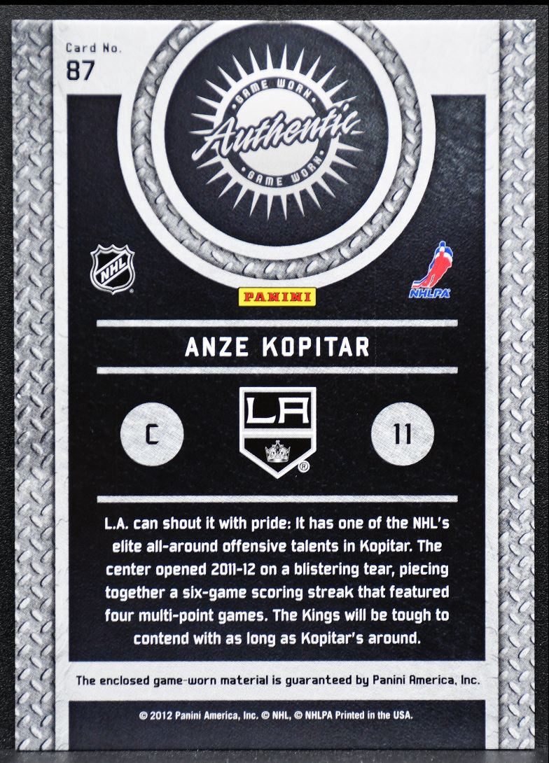 2011-12 Panini Titanium Game-Worn Gear Anze Kopitar 87 Kings Jersey 7987