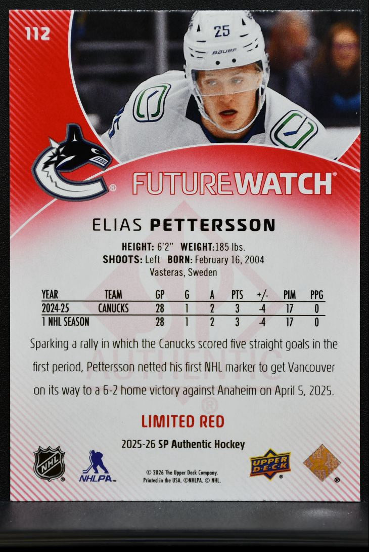 2025-26 SP Authentic Future Watch Limited Red Elias Pettersson Canucks RC 3444