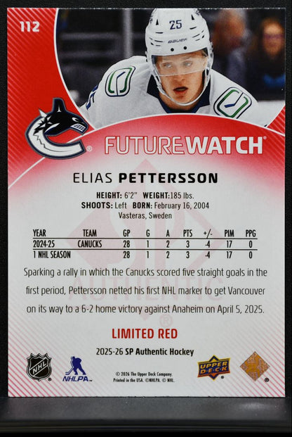 2025-26 SP Authentic Future Watch Limited Red Elias Pettersson Canucks RC 3444