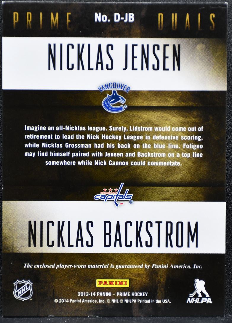 2013-14 Panini Prime Duals Backstrom/Jensen Capitals/Canucks /200 Jersey 2003
