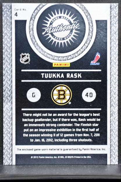 2011-12 Panini Titanium Game-Worn Gear Tuukka Rask 4 Bruins Jersey 9240