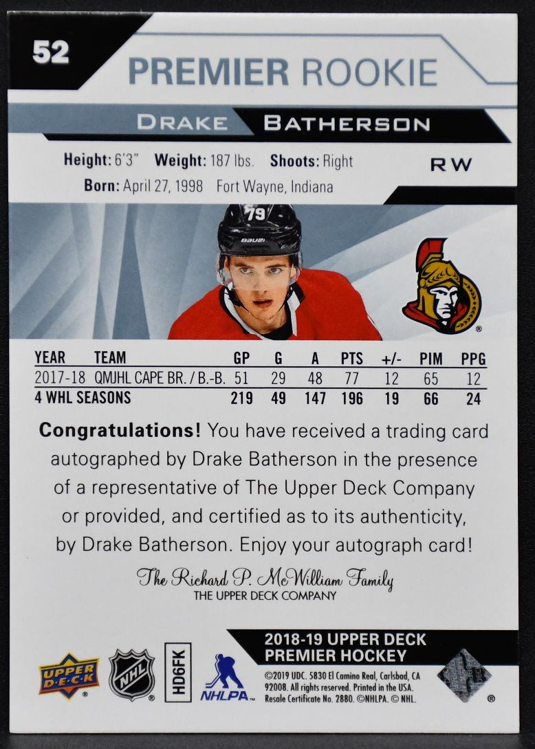 18-19 UD Premier Rookie Silver Spectrum Autographs Batherson Senators RC Auto /3 4535