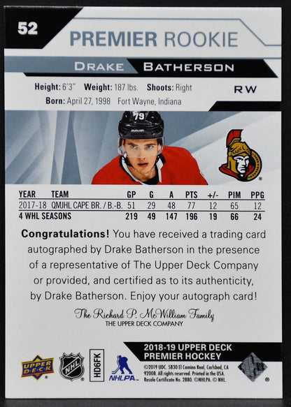 18-19 UD Premier Rookie Silver Spectrum Autographs Batherson Senators RC Auto /3 4535