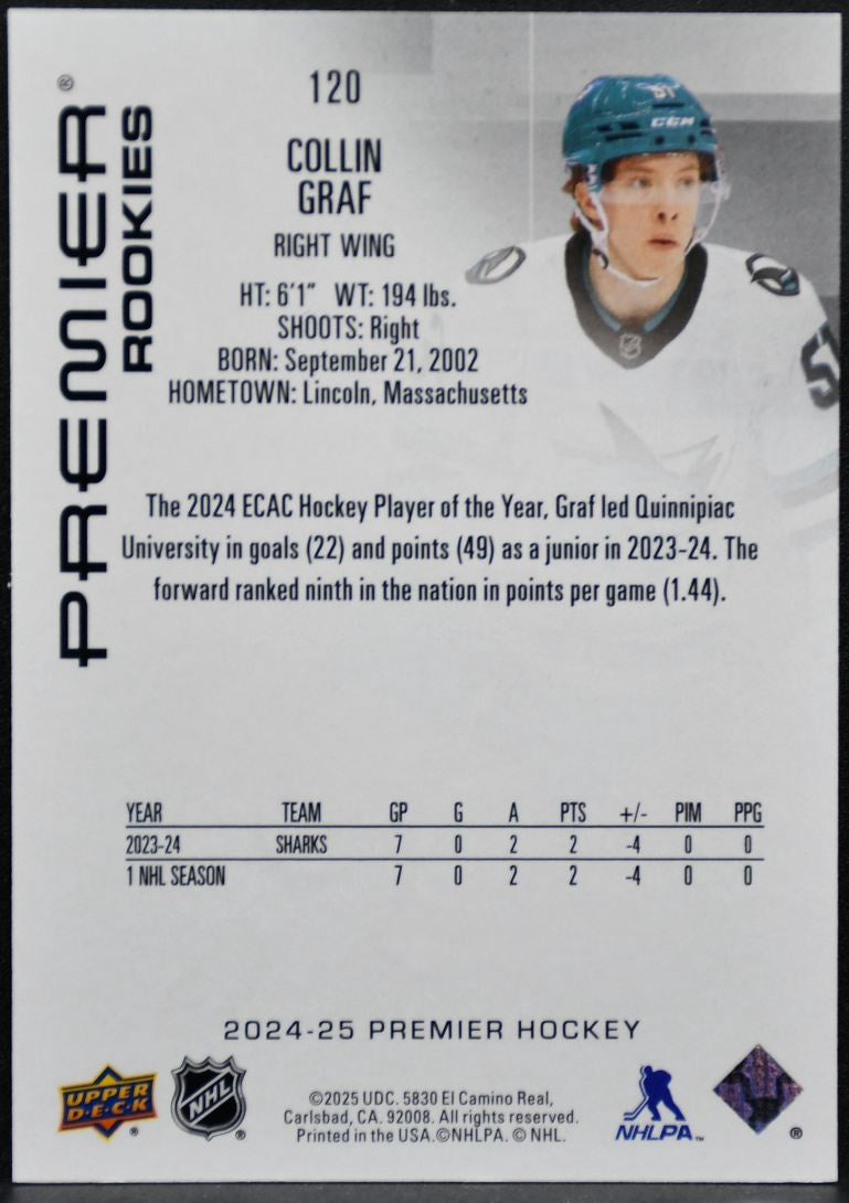 2024-25 UD Premier Collection Rookies Bronze Collin Graf Sharks RC /399 6957
